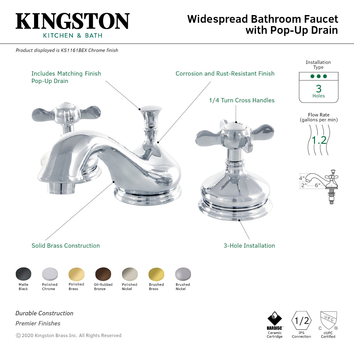 Kingston Heirloom KS1162BEX - Essex Two-Handle 3-Hole Deck Mount Widespread Bathroom Faucet with Brass Pop-Up, Polished Brass — thumbnail 3